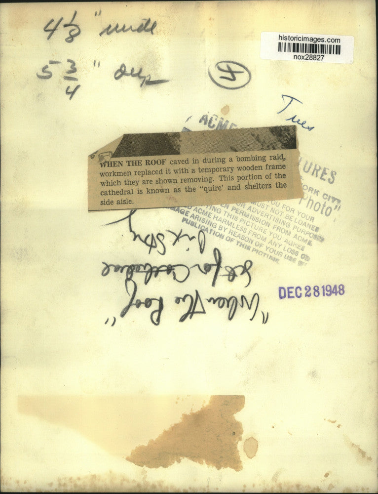 1948 Press Photo Workmen Remove Temporary Roof from Exeter Cathedral, England