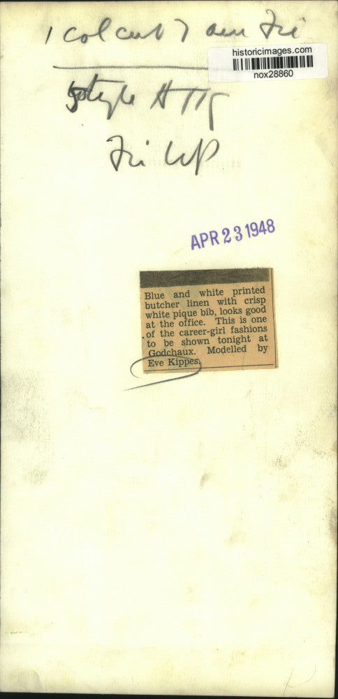 1948 Press Photo Career-girl blue & white linen fashion modeled by Eve Kippes