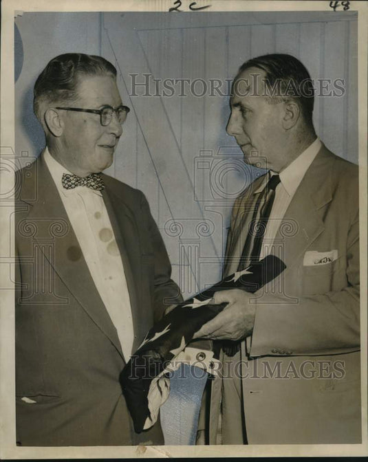 1956 Press Photo John Golden receives the American Flag from Col. Charles Adams- Historic Images