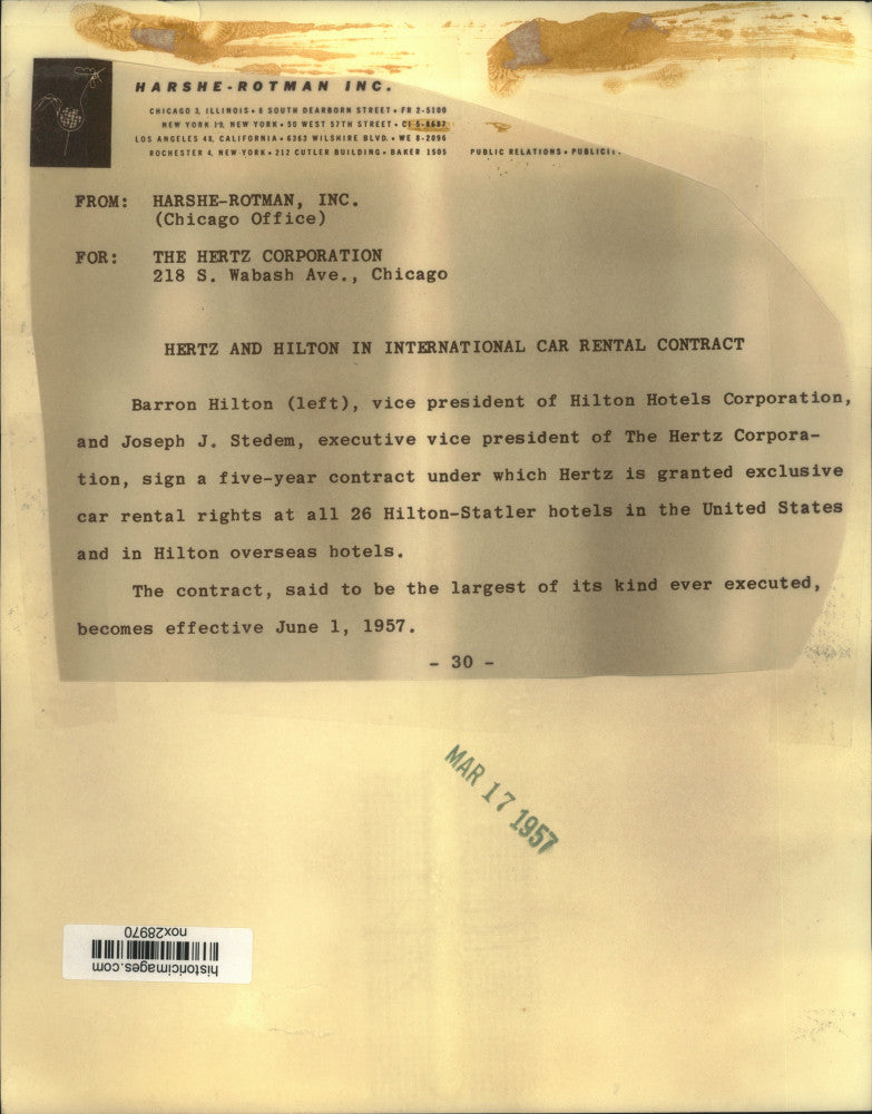 1957 Press Photo HIlton Hotels, Hertz Corporation Executives Sign Contract