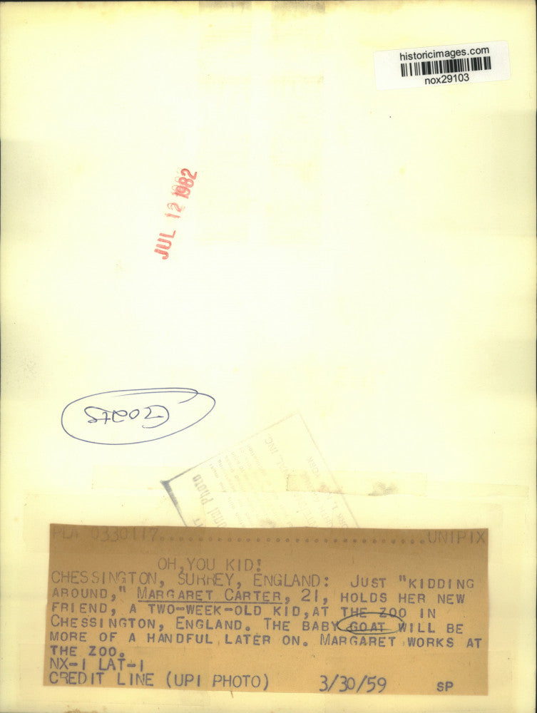 1959 Press Photo British Zoo Worker Margaret Carter with Baby Goat - nox29103