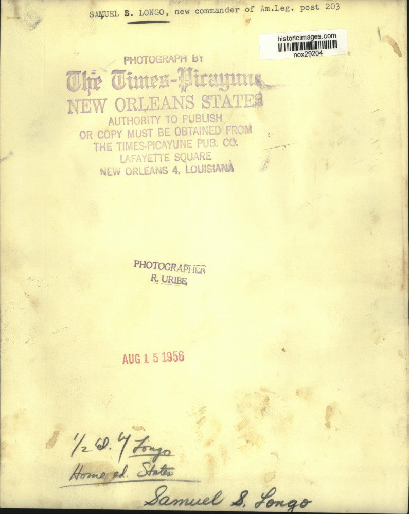 1956 Press Photo Commander of American Legion Post 203 Samuel S. Longo