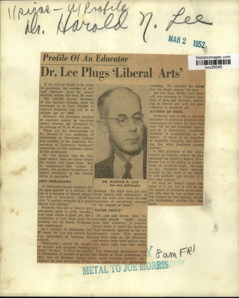 1952 Press Photo Newcomb College Professor Dr. Harold N. Lee, New Orleans