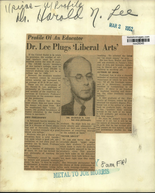 1952 Press Photo Newcomb College Professor Dr. Harold N. Lee, New Orleans