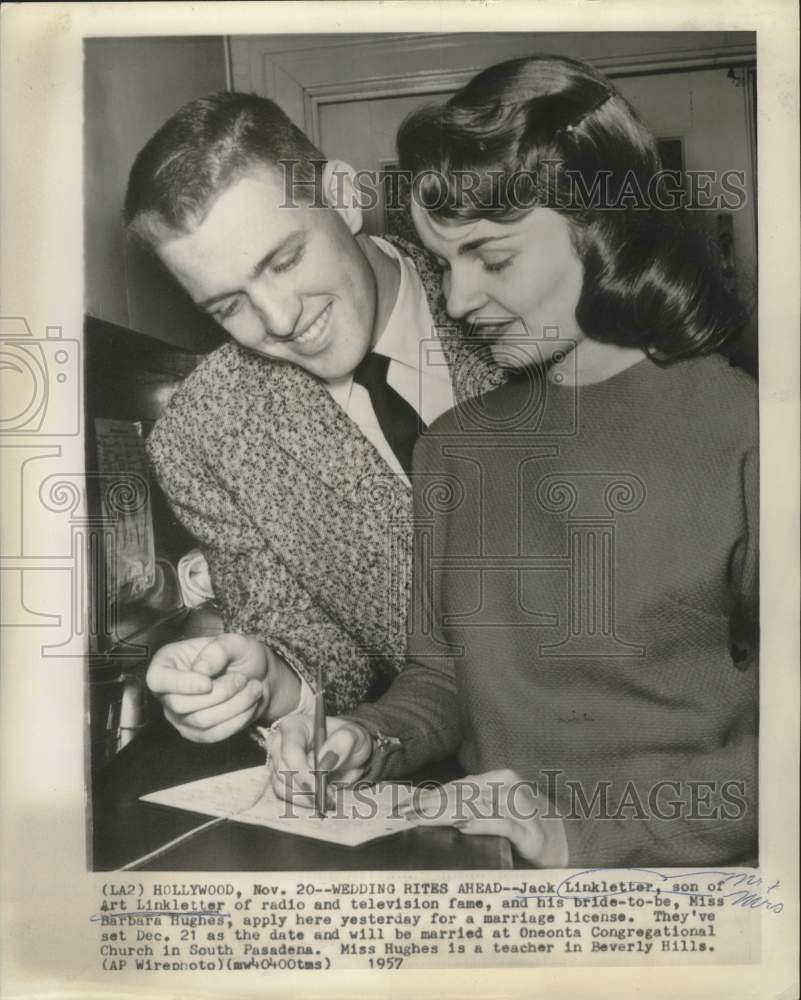 1957 Press Photo TV Host Jack Linkletter, Barbara Hughes get Marriage License