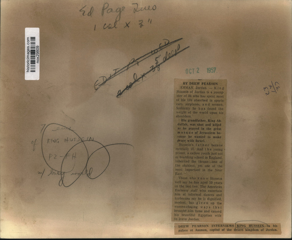 1957 Press Photo King Hussein of Jordan at Interview in Palace in Amman, Jordan