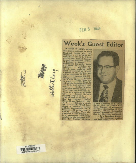 1954 Press Photo Week's Guest Editor Walter T. Long, Owner of Long Electrical