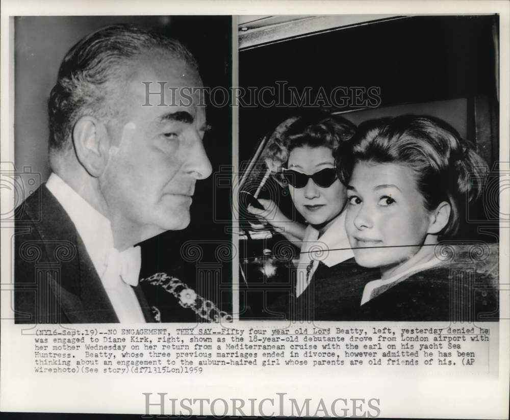 1959 Press Photo Lord Beatty/Diane Kirk with Mother Leaving London Airport