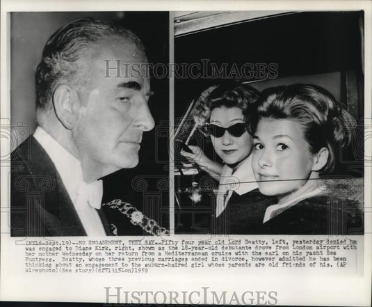 1959 Press Photo Lord Beatty/Diane Kirk with Mother Leaving London Airport