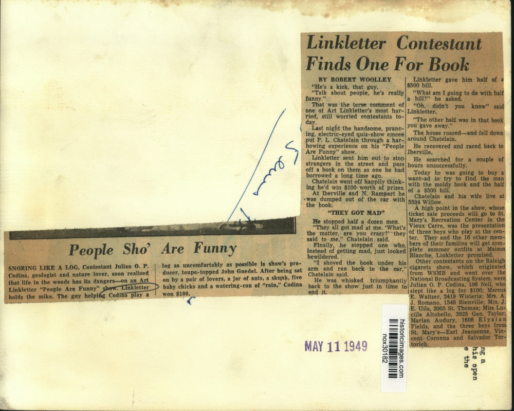 1949 Press Photo Julian Codian poses as a log in the woods on "People Are Funny"