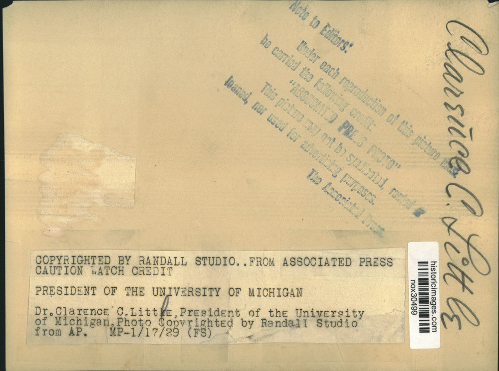 1929 Press Photo University of Michigan President Dr. Clarence C. Little