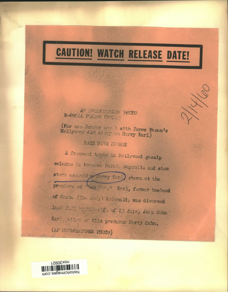 1960 Press Photo Debbie Reynolds and Harry Karl at the premiere of "Ben Hur."