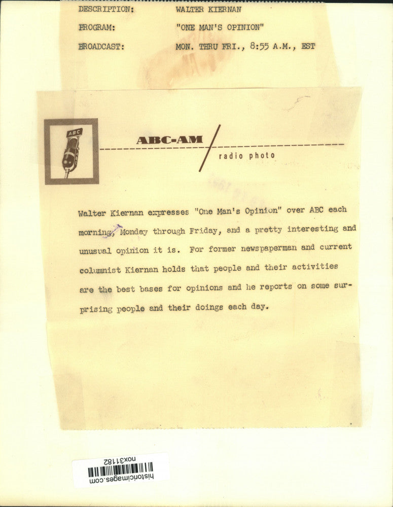 Press Photo Commentator Walter Kiernan of &quot;One Man&#39;s Opinion&quot; - nox31182