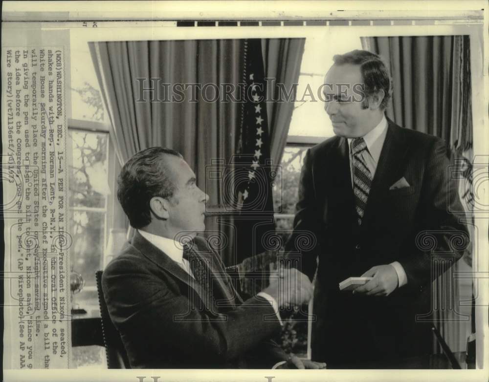 1973 Press Photo President Nixon Shakes Representative Norman Lent&#39;s Hand