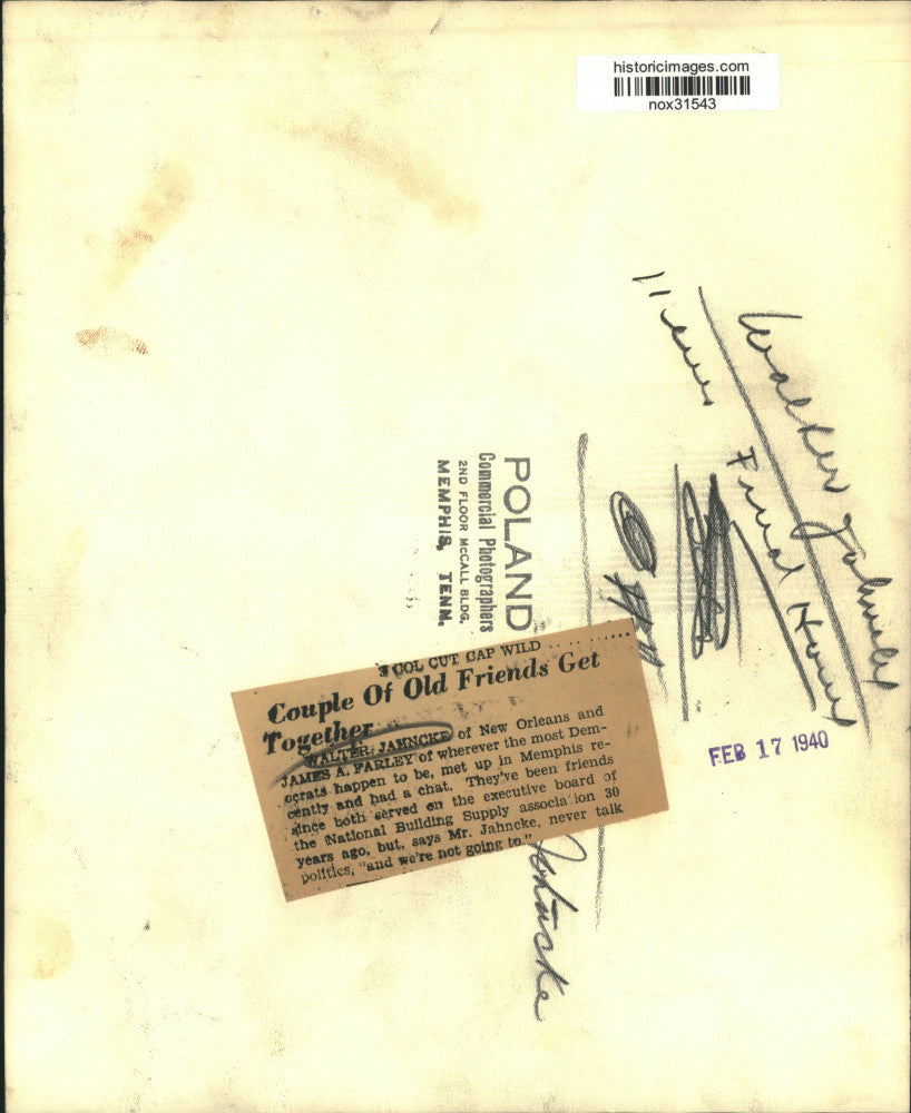 1940 Press Photo Old Friends Walter Jahncke, James A. Farley Meet in Memphis