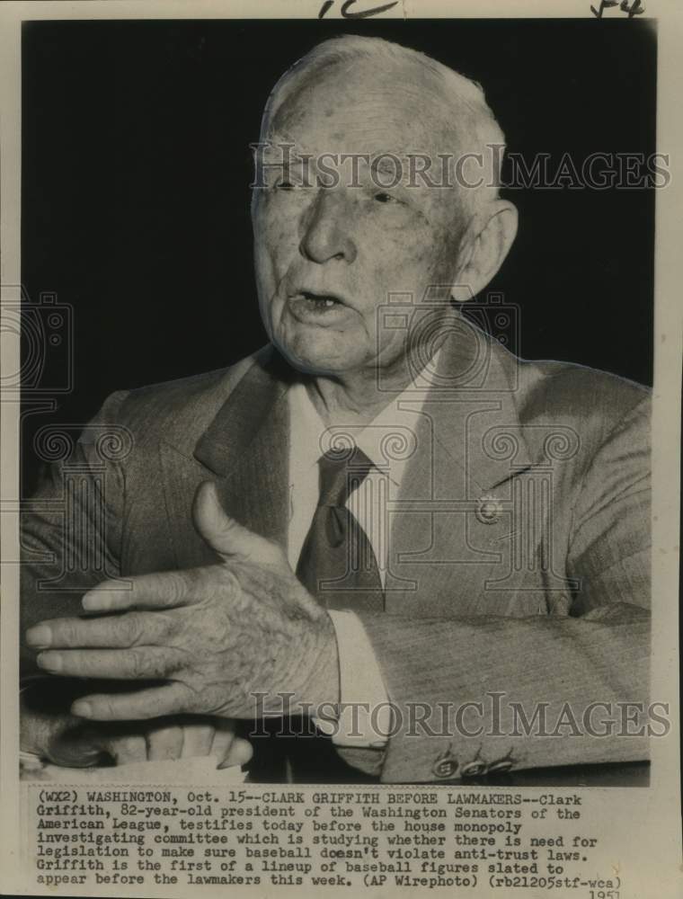 Load image into Gallery viewer, 1951 Press Photo Washington Senators Baseball Club President Clark Griffith
