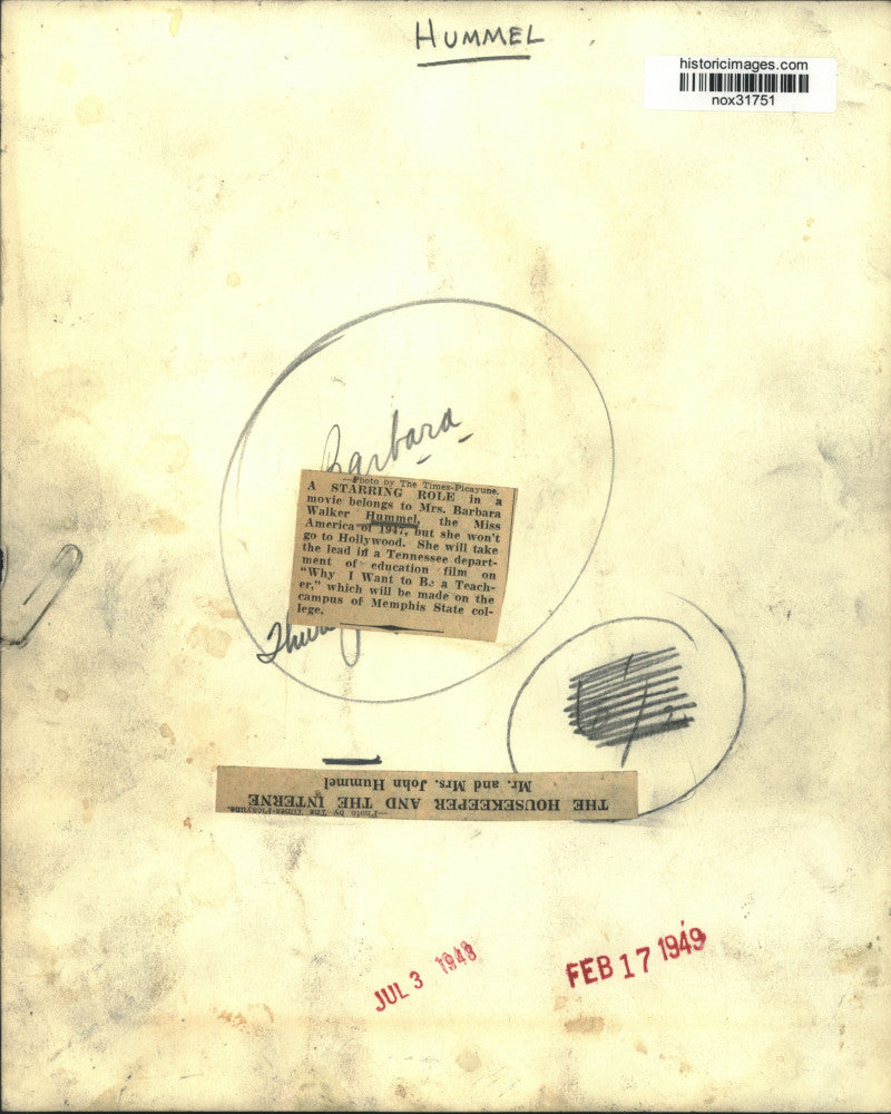 1948 Press Photo Former Miss America Mrs. Barbara Walker Hummel and husband John