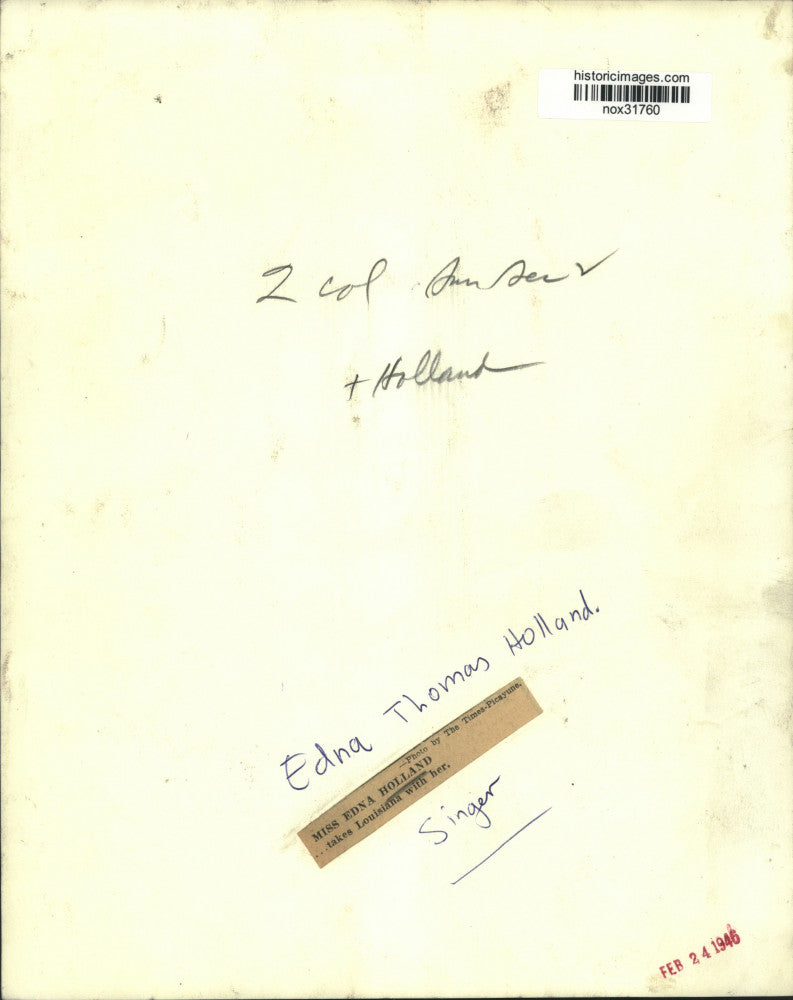 1946 Press Photo Miss Edna Thomas Holland, singer, takes Louisiana with her