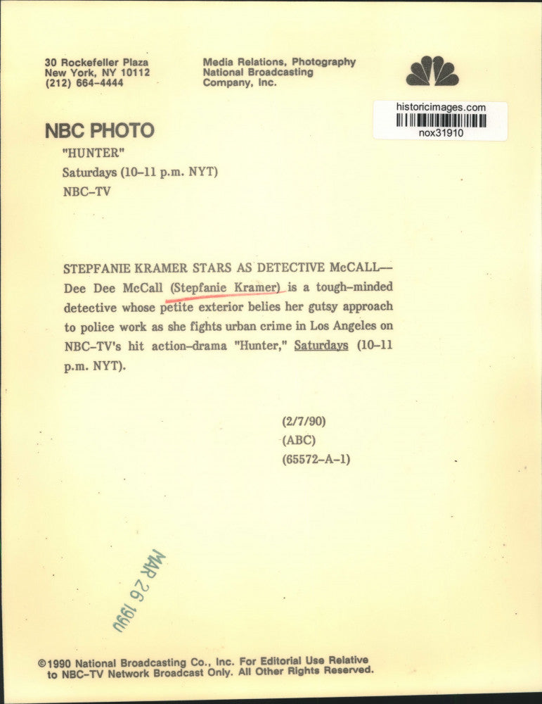 1990 Press Photo Actress Stepfanie Kramer in "Hunter" - nox31910