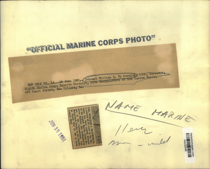 Load image into Gallery viewer, 1951 Press Photo Colonel William McCormick director of Marine Reserve District.

