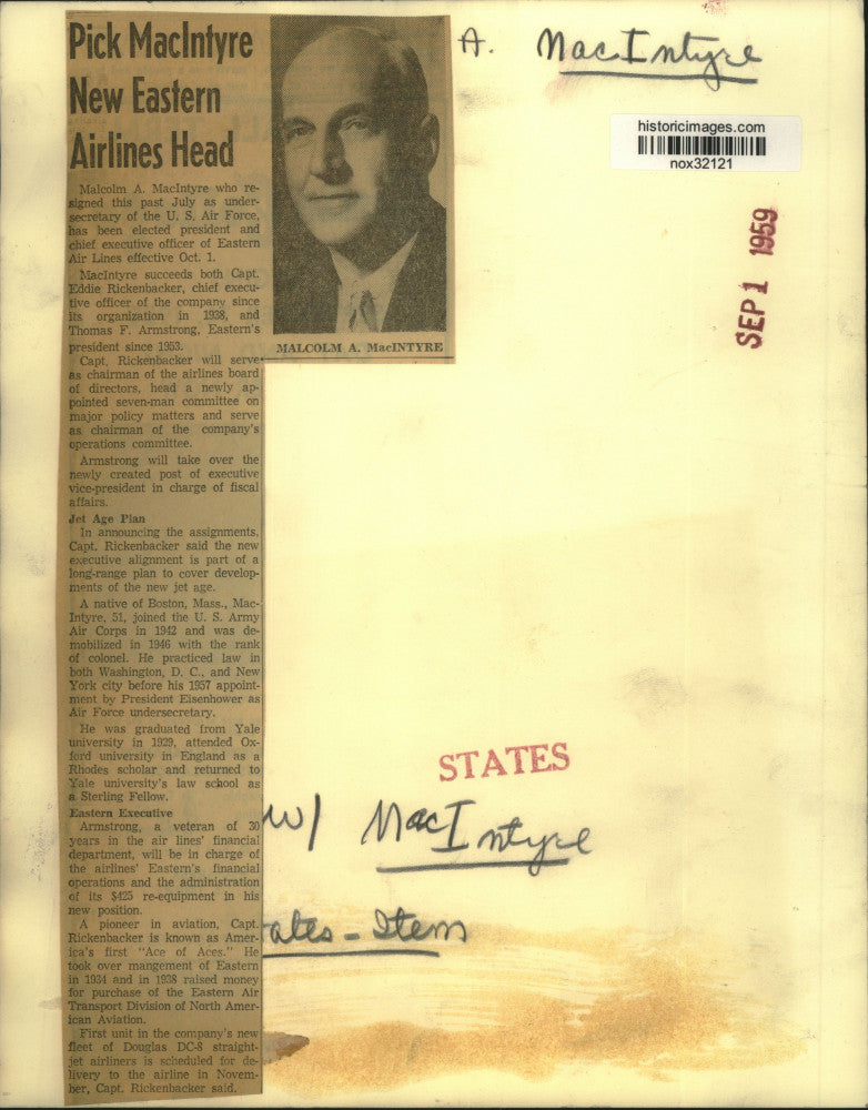 1959 Press Photo President of Eastern Air Lines Malcolm A. MacIntyre - nox32121