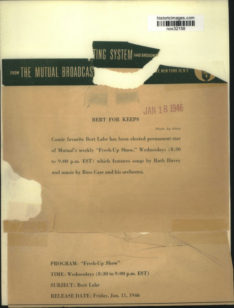 1946 Press Photo Actor-Comic Bert Lahr of "Fresh-Up Show" - nox32158