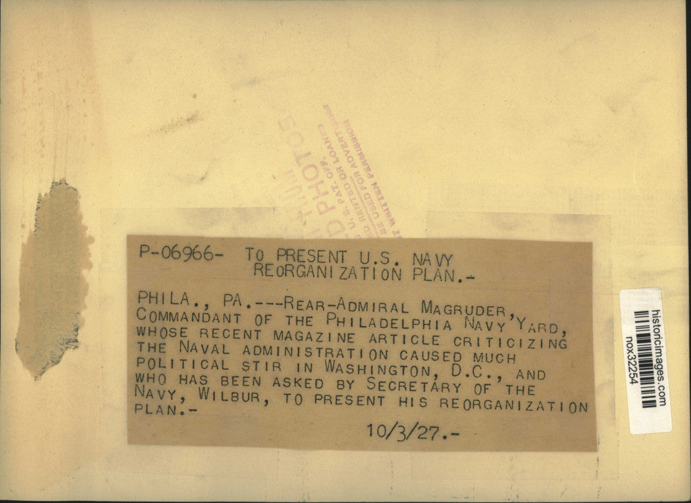 1927 Press Photo Rear Admiral Magruder to present his reorganization plan.