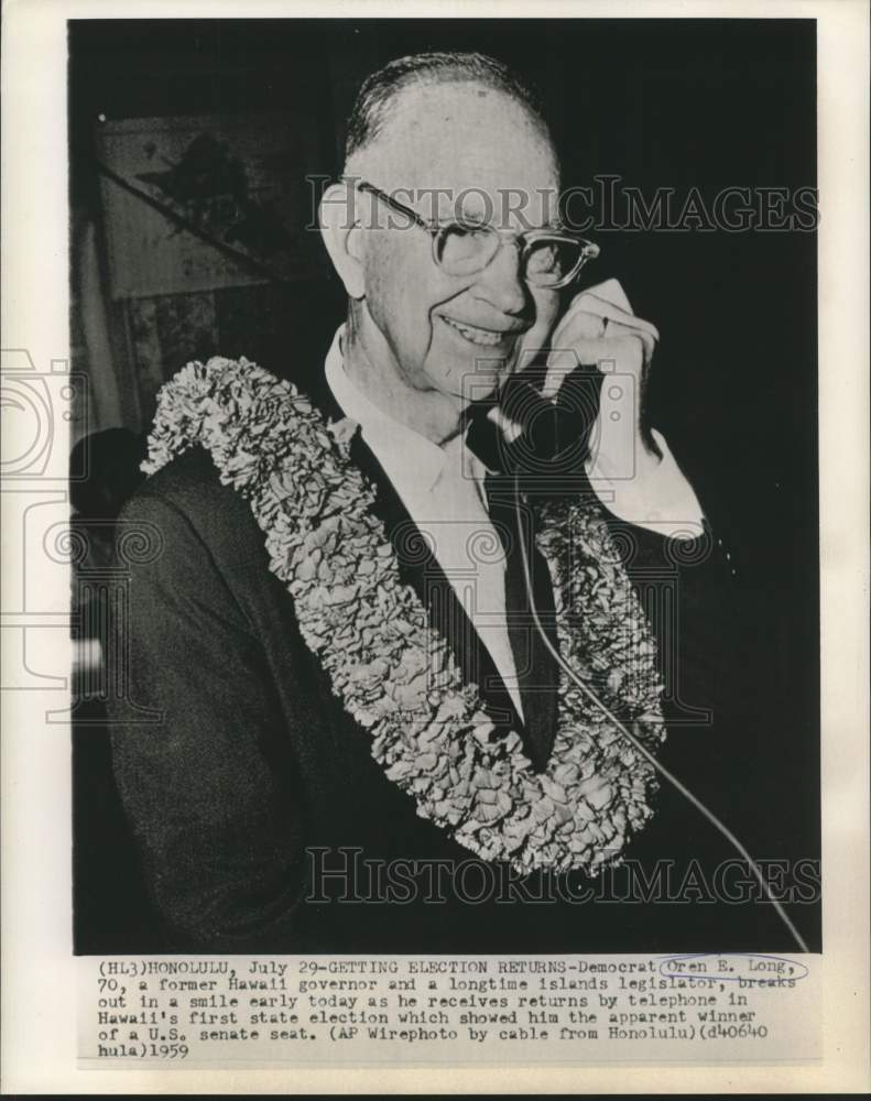 1959 Press Photo Hawaii&#39;s Senate Candidate Oren E. Long Gets Results