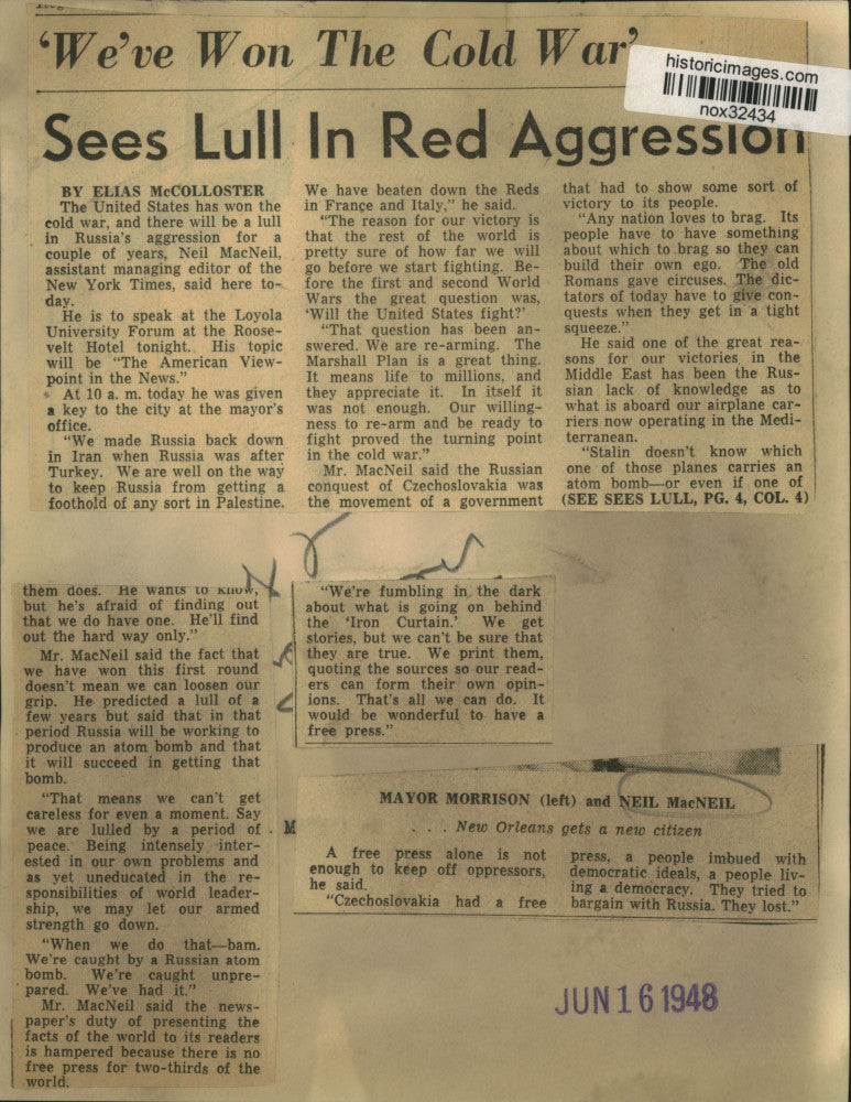 1948 Press Photo New York Times Editor Neil McNeil, New Orleans Mayor Morrison