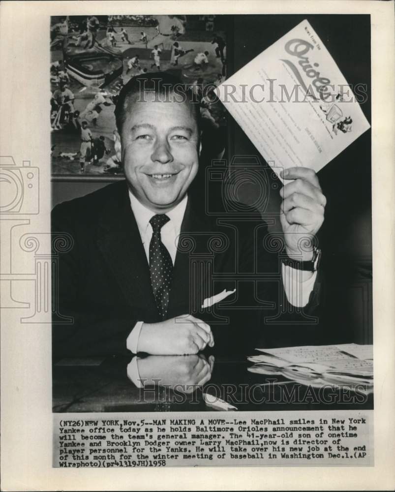 1958 Press Photo Yankees Baseball Player Personnel Director Lee MacPhail- Historic Images