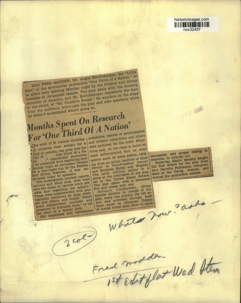 1936 Press Photo Fred Madden plays in "One-Third of a Nation," starting Monday.