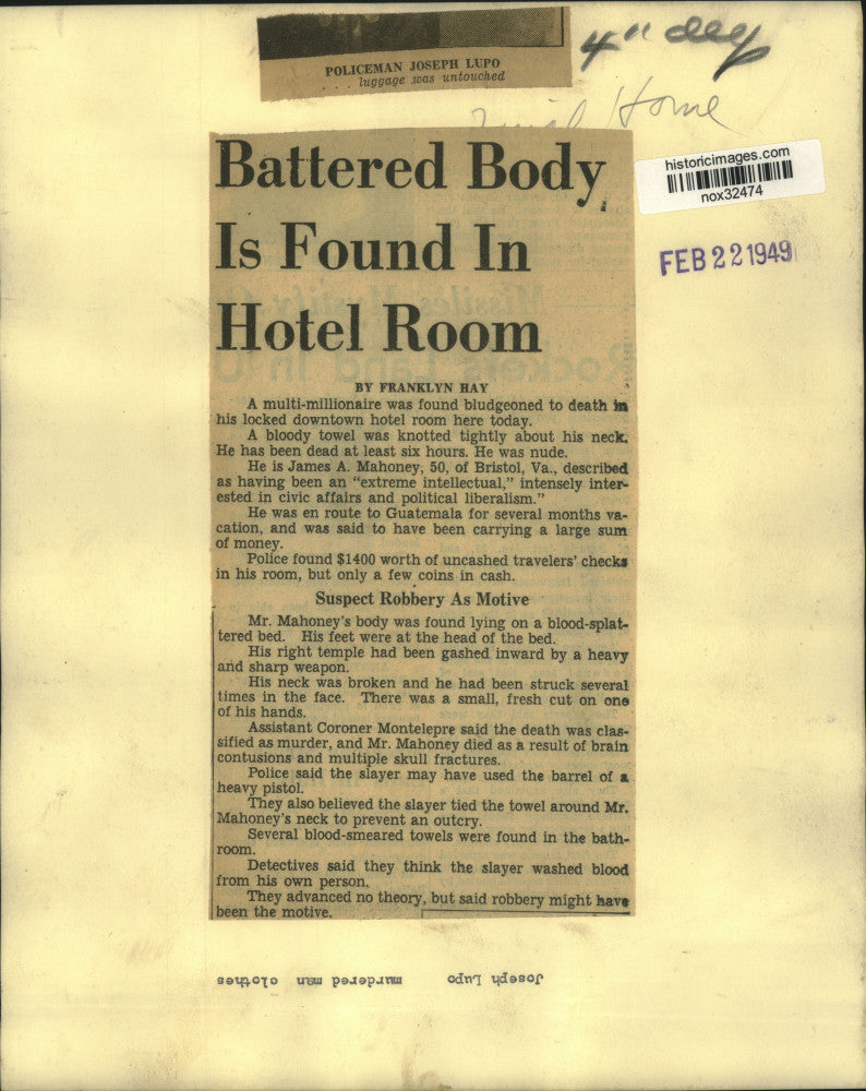 1949 Press Photo Policeman Joseph Lupo with murdered James Mahoney clothes