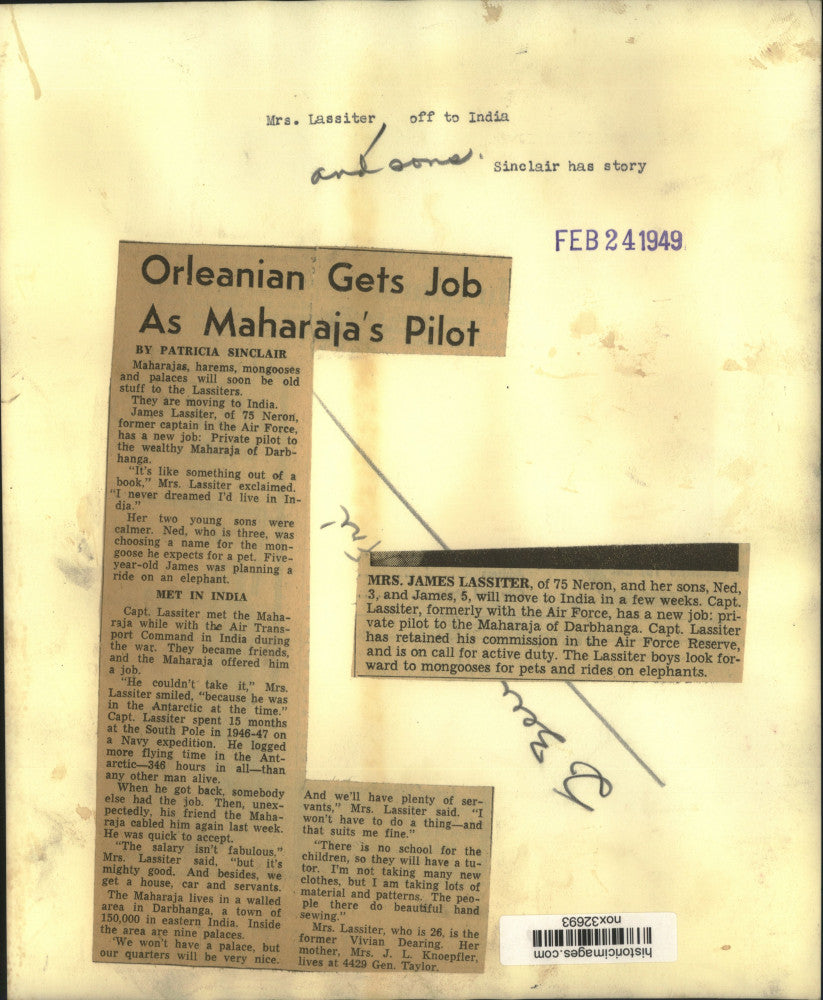 1949 Press Photo Lassiter family will move to India with Captain Lassiter.