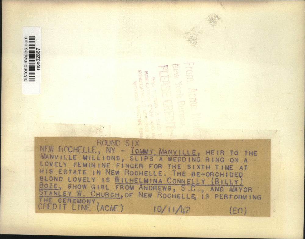1942 Press Photo Manville Millions heir Tommy Manville weds Wilhelmina Connelly