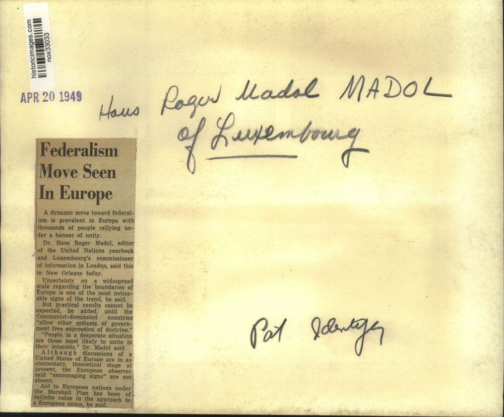 1949 Press Photo Luxembourg Commissioner of Information Hans Roger Madol