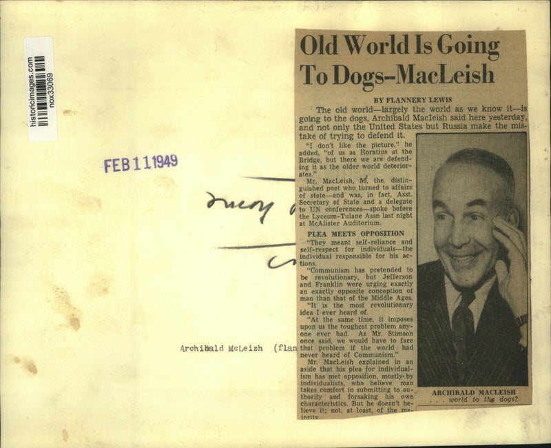 Load image into Gallery viewer, 1949 Press Photo Poet Archibald MacLeish spoke to Lyceum-Tulane last night.
