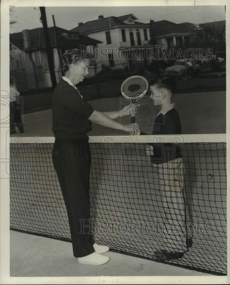 Load image into Gallery viewer, 1957 Press Photo Raymond Palazzolo Jr. Gets Tennis Lesson - nox33148
