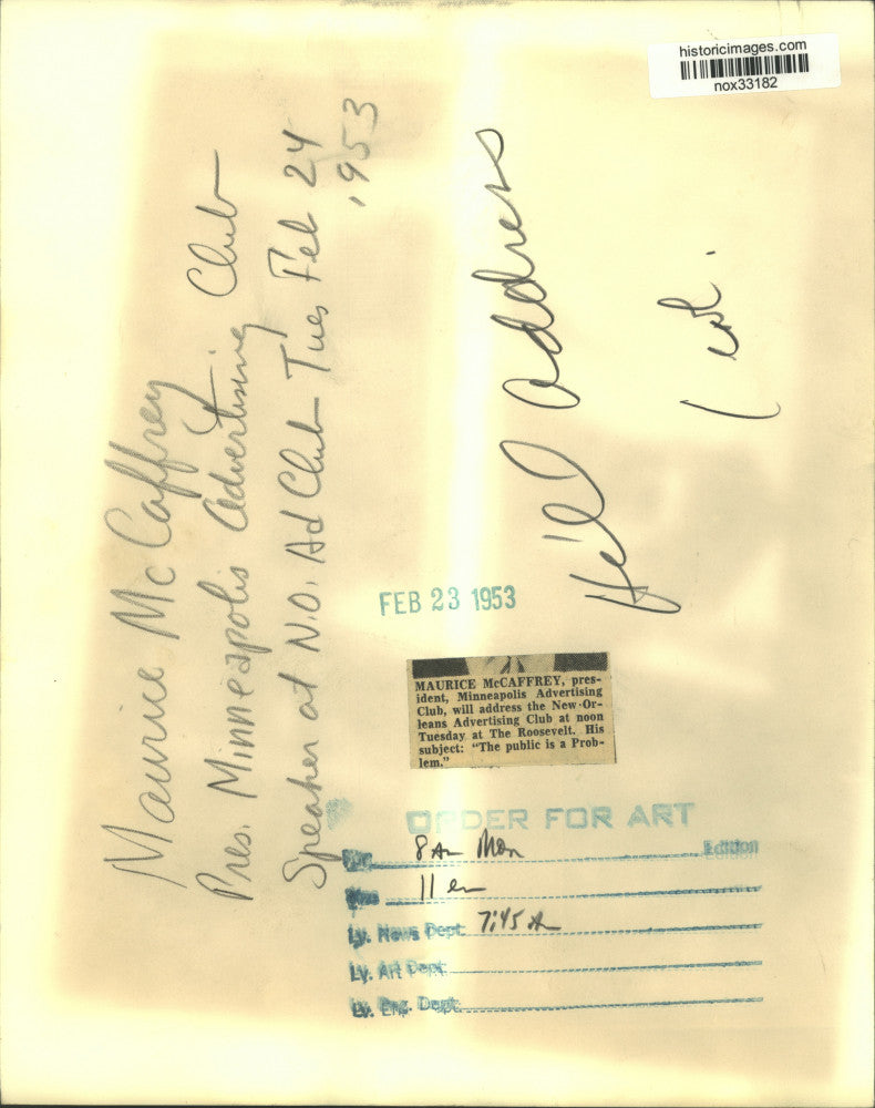 Load image into Gallery viewer, 1953 Press Photo Maurice McCaffrey will speak to New Orleans Advertising Club.
