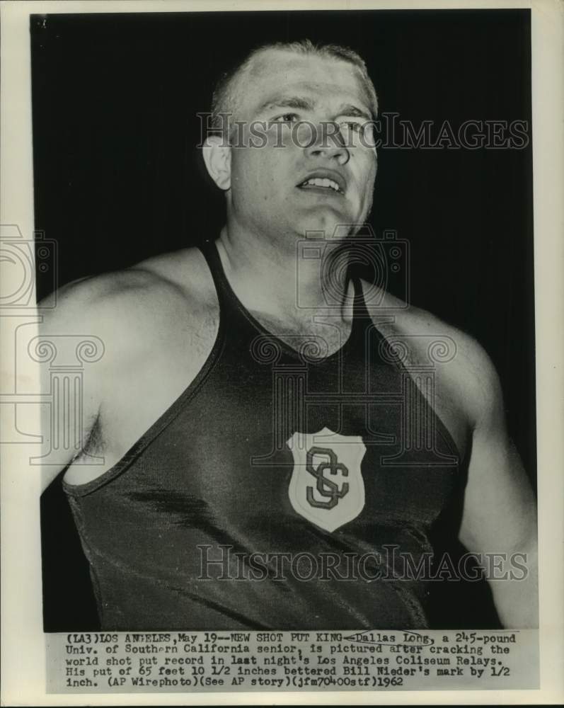1962 Press Photo Dallas Long cracked the world shot put record in Los Angeles.