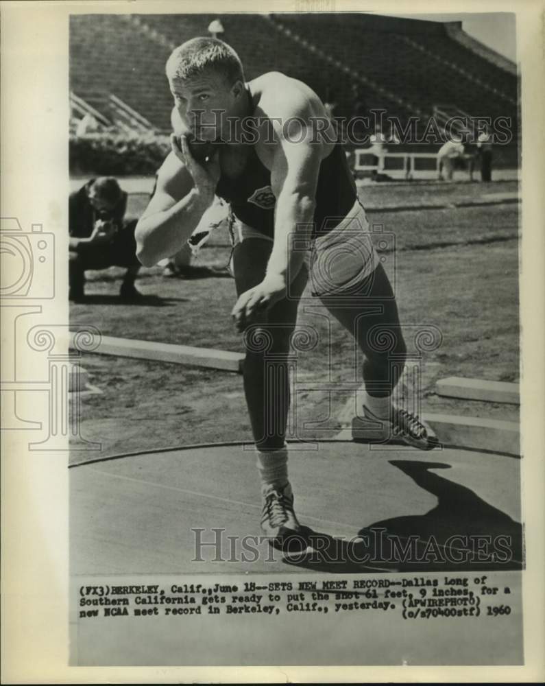 1960 Press Photo Dallas Long sets a new NCAA meet record in Berkeley.- Historic Images