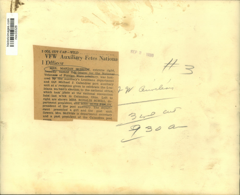 1938 Press Photo Veterans of Foreign Wars Honor Mrs. Marian McBride - nox33328