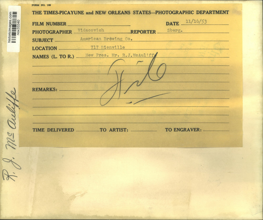 1953 Press Photo Mr. R. J. McAuliffe, president of the American Brewing Company.