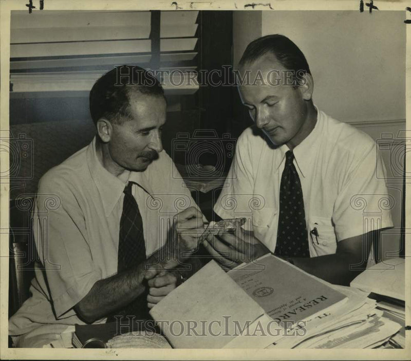 Load image into Gallery viewer, 1948 Press Photo Marine Biologists Drs. Gowanloch &amp; Korringa Study Oysters
