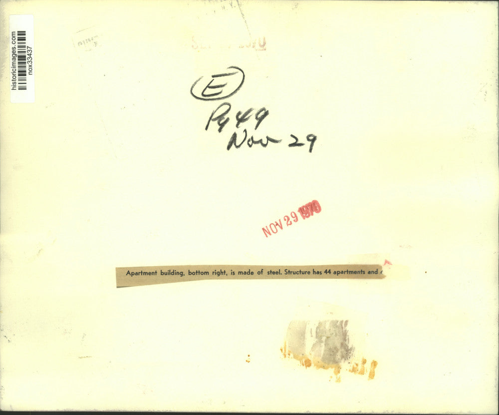 1970 Press Photo A car parked under a unique apartment building made of steel