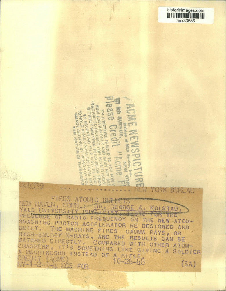 1948 Press Photo Dr. George Kolstad who designed machine that shoots gamma rays.