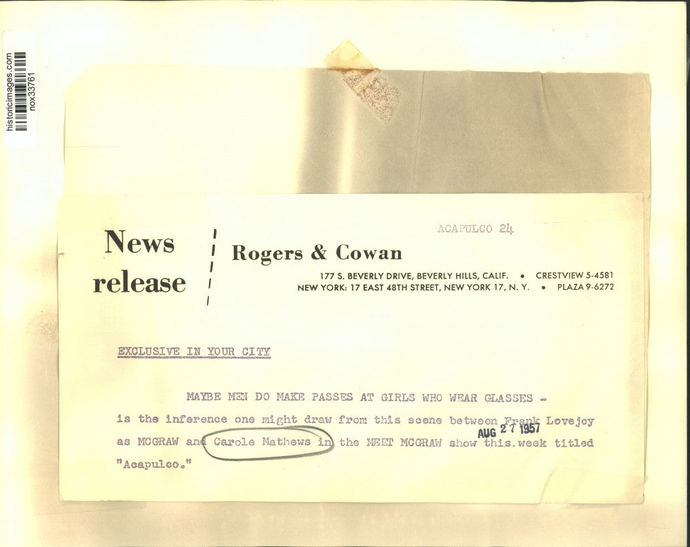 1957 Press Photo Actors Frank Lovejoy, Carole Mathews in "Meet McGraw"