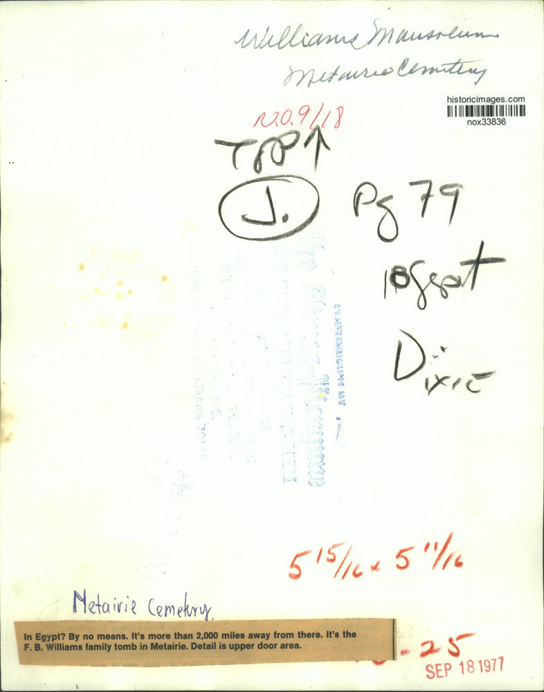 1977 Press Photo F.B. Williams Family Tomb in Metairie Cemetery, Louisiana