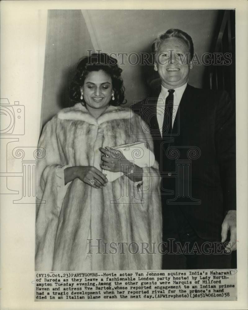 Load image into Gallery viewer, 1958 Press Photo Van Johnson leaves a London party with Maharani of Baroda.

