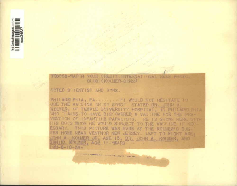 1934 Press Photo Noted Scientist Dr. John A. Kolmer & Sons - nox34537