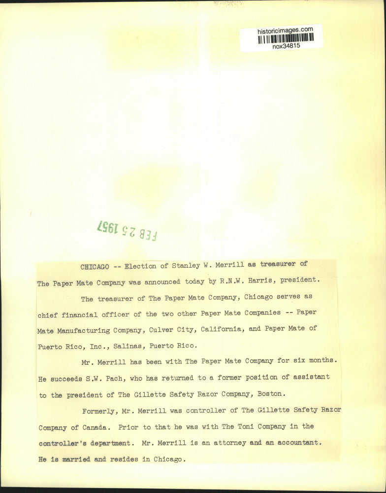 1957 Press Photo Paper Mate Company Treasurer Stanley W. Merrill - nox34815